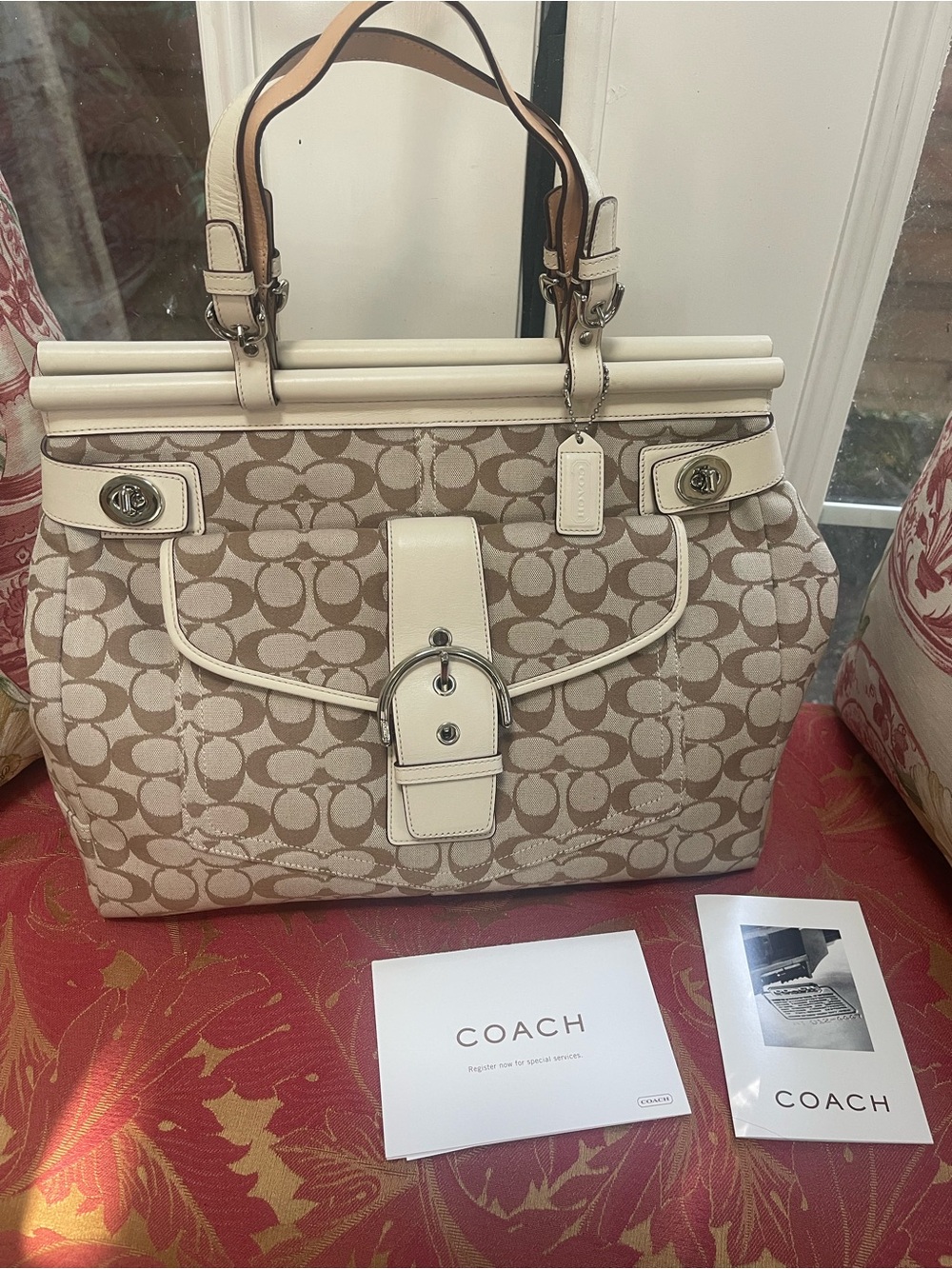 Coach Beige Signature Canvas Tote with Chalk Leather Trim NWOT